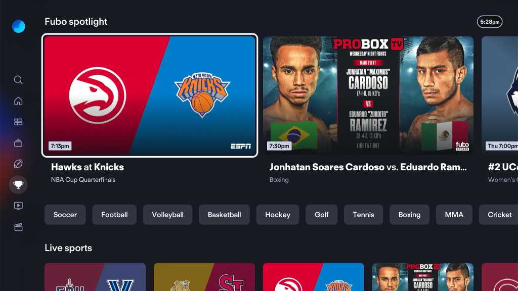 Fubo TV sports menu featuring Hawks vs. Knicks and an upcoming boxing match